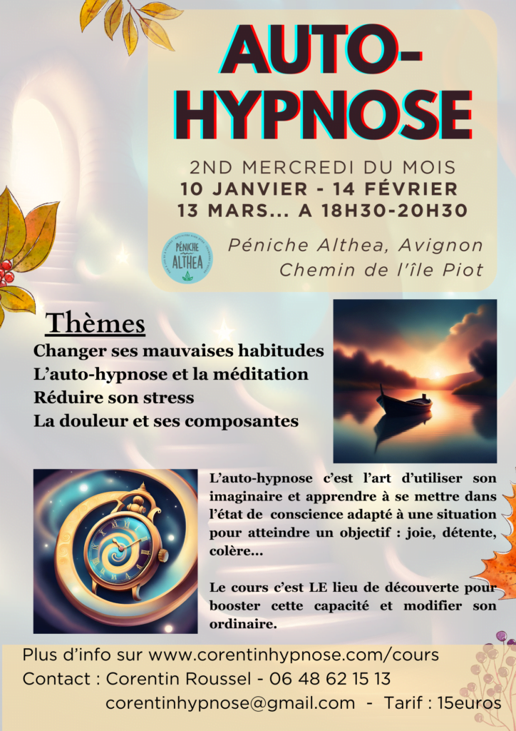 Flyers sur les cours d'autohypnose du mercredi a 18h30 à la péniche althea